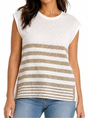 bobeau White with Tan Stripes Sleeveless Top